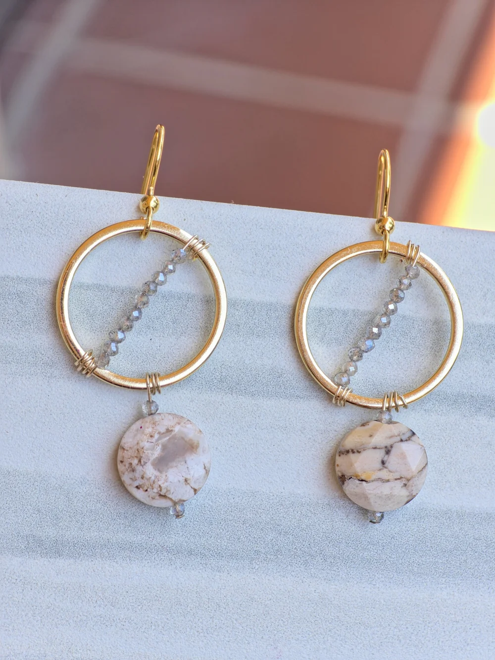 Gold Plated Hoop Earrings with Australia Zebra Jasper  And Labradorite Accents.